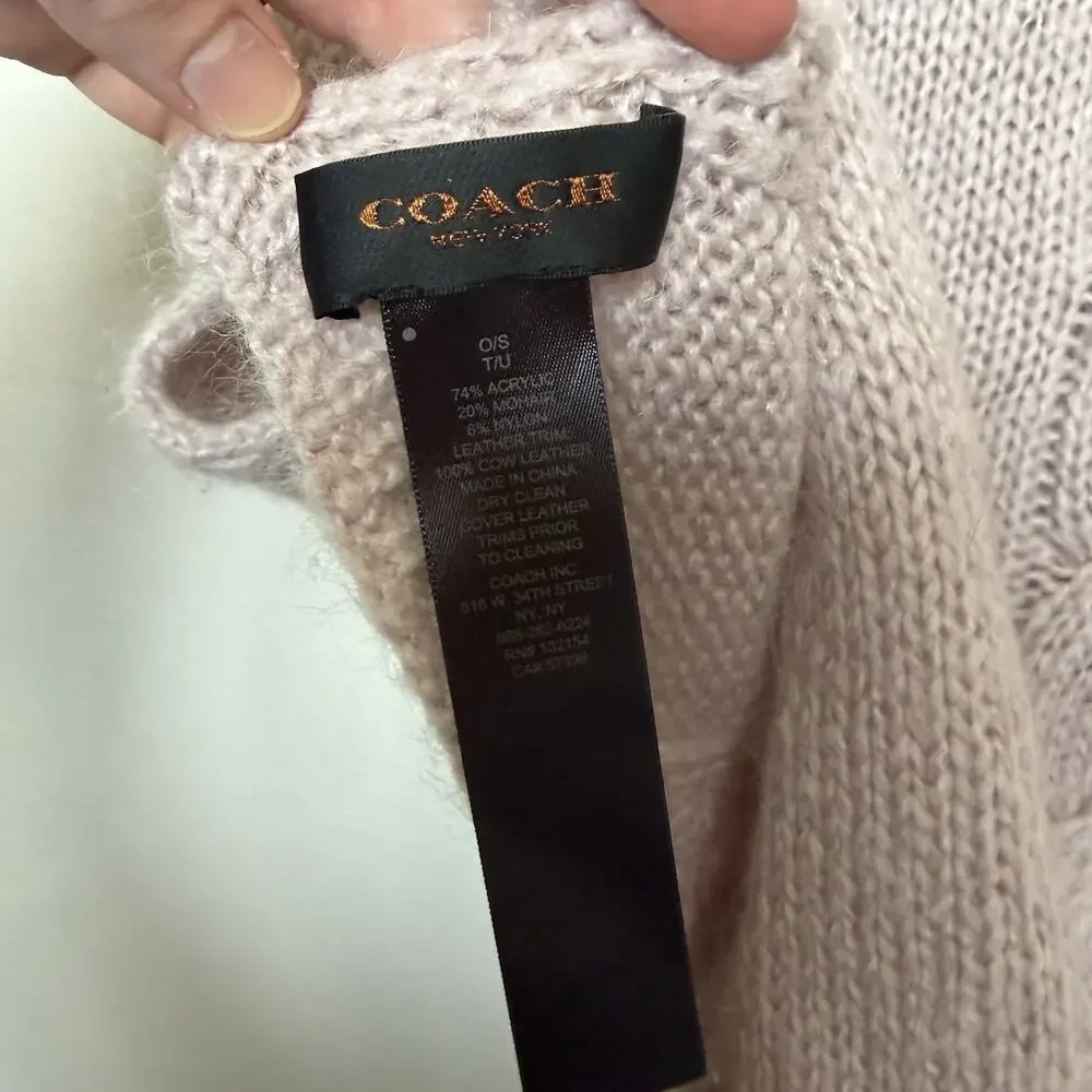 Coach Blush Pink Cable Knit Chunky Mohair Wool Blend Leather Tag Scarf Sz 23x80
